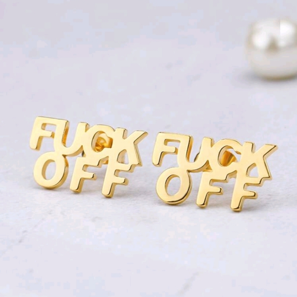 ✨️  F U C K OFF silver or Gold Vintage Stainless Steel Letter Stud Earrings ✨️ - Picture 2 of 6
